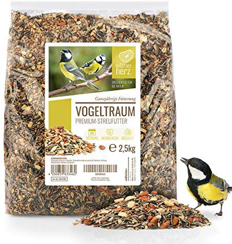 wildtier herz - Vogeltraum Premium Vogelfutter ohne Weizen für Wildvögel I Ganzjahresfutter mit Sonnenblumenkerne I Wildvogelfutter I Vogel Streufutter, Fettfutter für Vögel (2,5kg)