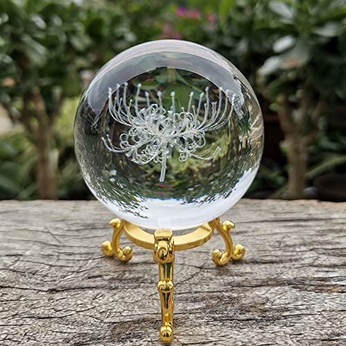 VVW&LIU Kristall-3D-Kugel, Tagundnachtgleiche, Blumenfigur, Glas, gravierte Kugel, Briefbeschwerer, Zuhause, Schreibtisch, Dekoration, Ornamente, Kunsthandwerk, Geschenke, mit goldenem Sockel, 60 mm