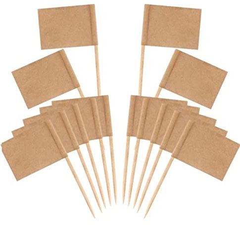 Cheeroyal Banderas para Palillos de Dientes, 100/200 Unidades en Blanco, Banderas con Palos de Madera para decoración de Cupcakes, palitos de cóctel, Frutas, Barbacoa (Blanco y marrón)(marrón, 100)