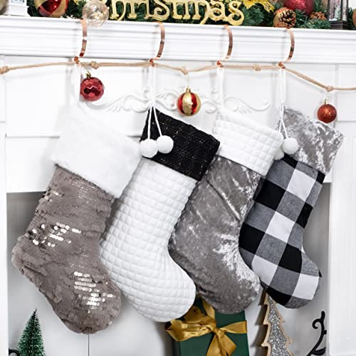 4 Stück Weihnachtsstrumpf, große Größe, schwarz-weiß und grau, Kontrastfarben-Design, kombiniert mit Flanell-Plüsch-Haarball, Pailletten, zum Aufhängen für Familiendekorationen, Party, Geschenk
