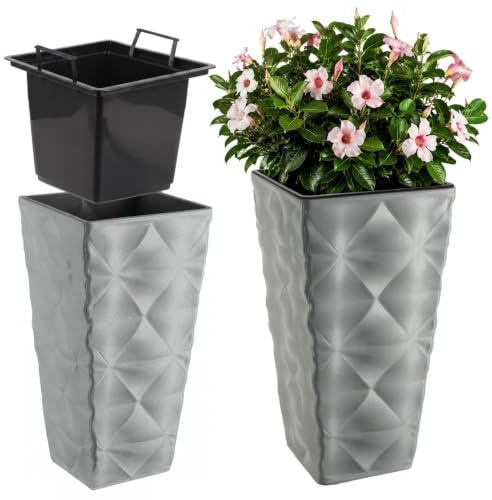 KADAX Blumentopf mit 3D Effekt, Blumenkübel aus Kunststoff in 4 Farben, Pflanzkübel mit Einsatz und praktischen Griffen, Kunststofftopf, Outdoor-Pflanzkübel, Innentopf (Grau Höhe: 55,5 cm)