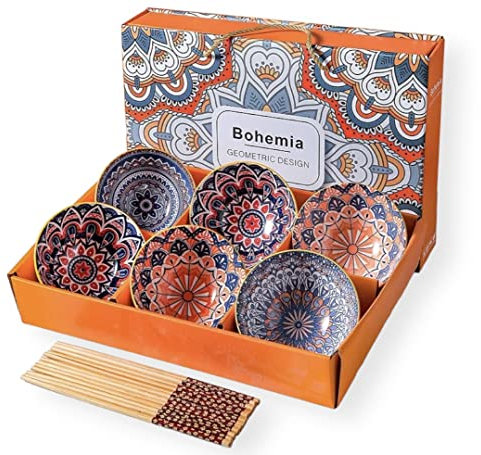 Green Globe Pack 6 Ceramic Rice Party Bowls 10 oz with Chopsticks | Serving Fruit Bowl Gift Set, Assorted Dinnerware Cereal Soup Dessert Snack Salsa (Bohemian)