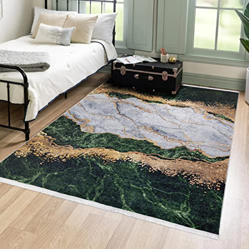 Mazovia Groß Teppich Wohnzimmer 200x300cm Grün Gold Abstrakt Glamour | Teppich für Schlafzimmer Esszimmer Büro Stilvoll Rutschfest Maschinenwaschbar Wetterfest Pflegeleicht Tierfreundlich Kurzflor