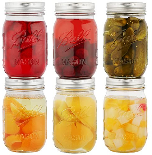 Glass Mason jar with screw top sealing lid for food jams, honey yoghurt, dried fruit and pulses, glass storage jar with lid (6 X 500ml)