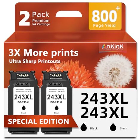 243XL Black Ink Cartridges Replacement for Canon Ink 243 PG-243 XL Cartridge Fit for TR4520 TR4522 MG2520 MG2522 MG2922 TS3322 TS3122 TS202 MX490 MX492 Printer (Black, 2-Pack)
