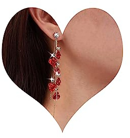 TseenYi Rote Rose Quaste Lange Ohrring Lange Rote Rose Tropfen Ohrringe Rose Blume Kristall Quaste Ohrringe Vintage Rose Strass Fransen Ohrringe Schmuck Für Frauen Und Mädchen Geschenke