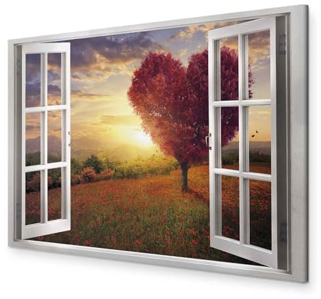 murando - Akustikbild Fensterblick Bilder Akustikschaum Hochleistungsschallabsorber Schallschutz Leinwand 1 tlg Wandbild Raumakustik Schalldämmung Landschaft Natur Baum Herz