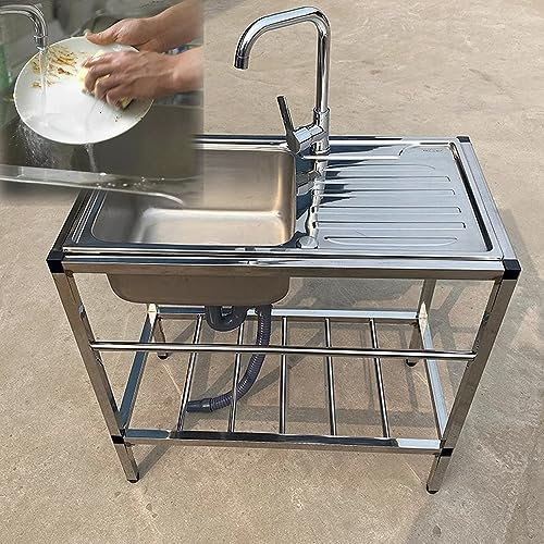 ZJIEX ILOOXI Edelstahl Küchenspüle Waschbecken Spültisch Spülbecken Mit Wasserhahn, Ablageflächen Und Abtropffläche, Für Garage Garten Küche(Cold Faucet)