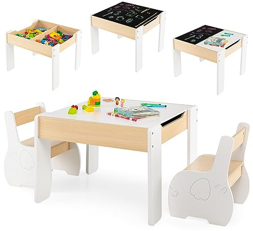 DREAMADE Kindertisch mit 2 Stühlen aus Holz, 3tlg. Kindersitzgruppe mit doppelseitige Tischplatte und Stauraum, Kinder Tisch Stuhl Set, Kindermöbel Set für Jungen und Mädchen (Weiß)