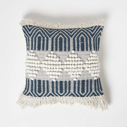 Homescapes Kelim Kissen Safi blau-weiß Gemustert, Deko-Kissen 45x45 cm mit Fransen, Boho Kissen mit Füllung