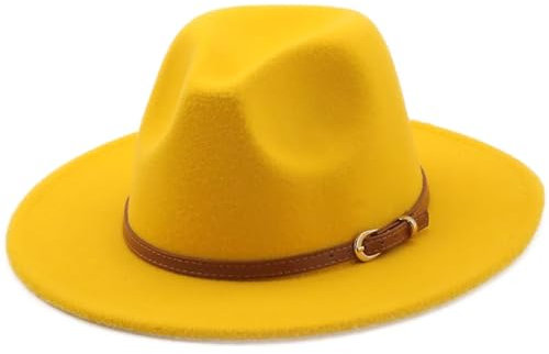 Fedora-Hut für Damen und Herren, breite Krempe, Kunstwolle, Filz-Hüte mit Metallkette, Dekor, Jazz, Chapeau-Hut, gelb, Einheitsgröße