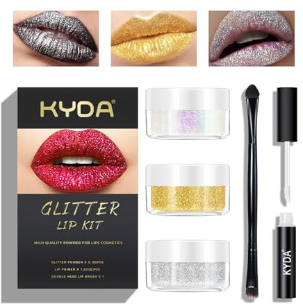 KYDA 3 Farben Glitter Lip Kit, Diamond Metallic Glitzer Lippenstift Puder für Lippenkosmetik, Glitter Lips Makeup mit Lip Primer, langanhaltend Wasserdicht, Grausamkeitsfrei -Set D