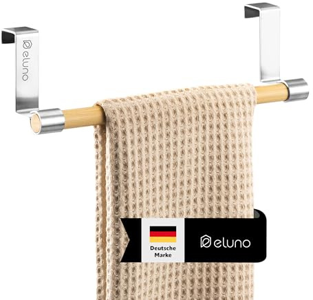 eluno Geschirrhandtuchhalter mit Bambus ohne Bohren zum Einhängen (Edelstahl-Matt)