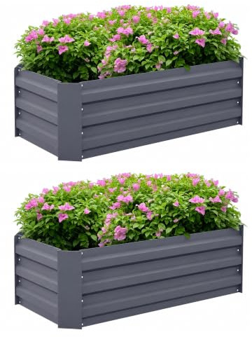 Outsunny Lot de 2 Carré Potager de Jardin 100L x 50l x 30H cm Gris | Tôle d'Acier Ondulée, Potager Extérieur