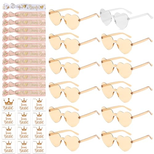 Aurasky 36 Stück JGA Brille Herz Sonnenbrille Set, Brille Team Armbänder Set jga accessoires, 12Herz Sonnenbrille+12Bride Tattoo Aufkleber+12Bride Armband Champagner