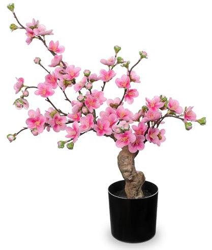 Arborus Cherry Blossom Artificial Flowers in Black Pot 44cm Artificial Bonsai Tree Indoor Plant Tall Fake Pink Plum Blossom Tree Faux Floral Plant for Home Table Office Bedroom Farmhouse Decoration