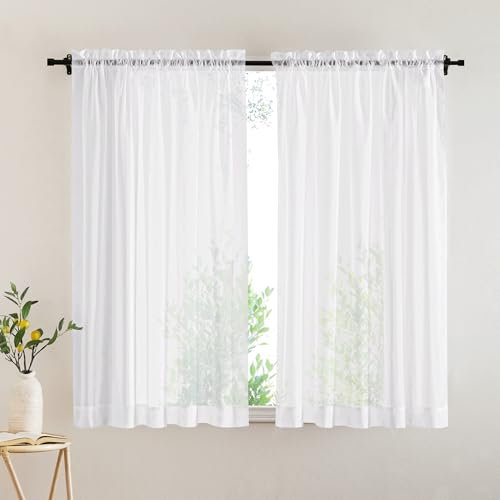 PONY DANCE Net Curtains for Windows 54 drop - Lightweight Short Sheer Curtains Slot Top, White Voile Curtains 54 drop for Kitchen/Cafe Semi Transparent Voile Panels, 60x54 inches, Set of 2