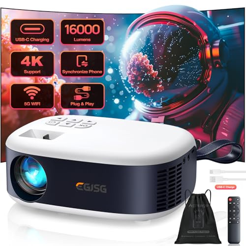 Mini proyector 1080P, proyector para exteriores con carga USB-C, sincroniza la pantalla del smartphone por WiFi/cable, proyector portátil HD de 16000 lúmenes con Bluetooth, proyector de películas