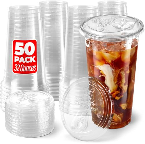 Shop Square Vasos de plástico de 32 onzas con tapas sin popote (paquete de 50) – Vasos transparentes desechables para café helado, Boba, té con leche, batidos y batidos de frutas