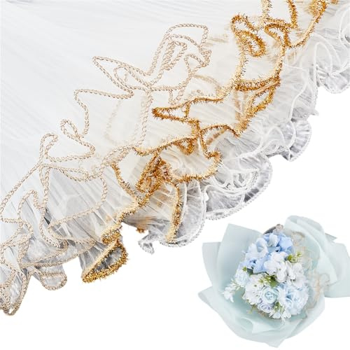 WEBEEDY 12 Yard 3 Farben Blumenverpackungsmaschenpapier 3 Packung Weißes Golden Bouquet Verpackungspapier Durchsichtiges Knitterblumenverpackungspapier Für Valentinstag Hochzeitsgeschen