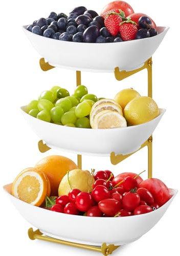 Lifewit Fruta para el Bandejas 3 Pisos de Plástico para Servir Comida, Bandeja de Servicio para Alimentos para el Entretenimiento de Fiesta, Platos Reutilizables Soporte de 3 Niveles con Metal Dorado
