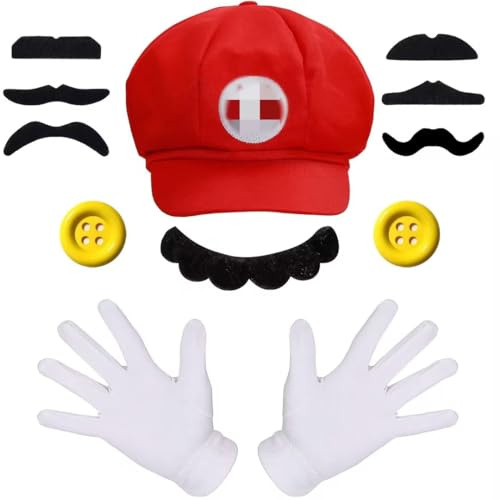 Fonyiunce Maro Kostüm Zubehör, Erwachsene Karneval Kostüm Mütze Hut Handschuhe Bart Gelbe Knöpfe, Lugi Bros Cosplay mit Mütze Hose Bart Handschuhe, für Kinder Damen Herren