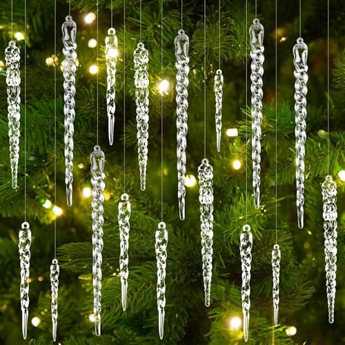 Clear Christmas Tree Pendants, Acrylic Crystal Christmas Hanging Set Icicle Hanging Ornaments with Strings for Xmas Tree Party Indoor Decorations (36Pcs)