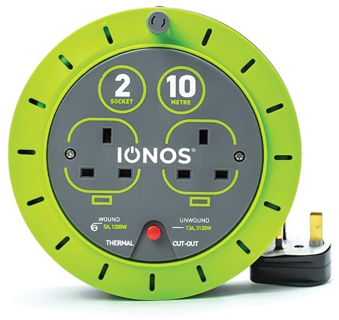IONOS 2 Socket Cable Reel, 10m 13A Outdoor Lead, Green (ION13A10MCR6)