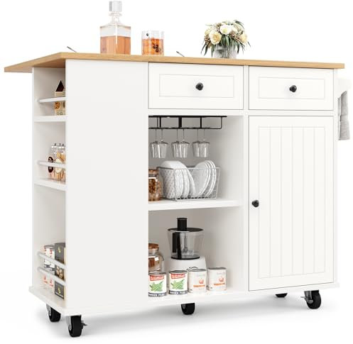 DRIXNO Kücheninsel Esszimmerwagen, mit Arbeitsplatte, Buffetschrank, Holzmaserung mit Küchenschrank, Ausgestattet mit Snackhalter und Weinglasregal, Weiß, 120 x 42 x 91.5 cm