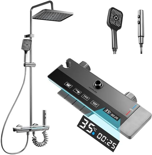 JUPPLIES Columna de Ducha Termostatica con Pantalla Digital LED, Cabezal de Ducha XL estilo Lluvia, Ducha de Mano, Rociador auxiliar y Grifo Cascada – Acero Inoxidable - Baño de Lujo y Confort