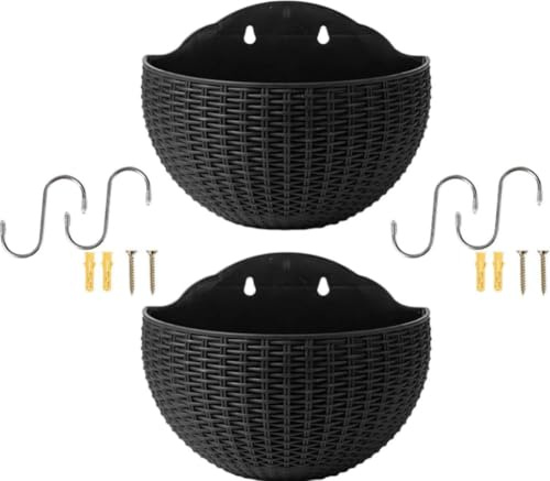 2 Stück Wand Blumentopf, Blumenampel, Blumentopf Hängend für Innen Außen, Halbrunder Rattanimitat Hängetopf für Pflanzen mit Ablaufauslass und 4 Haken, Wandvase für Garten, Zaun, Terrasse (Schwarz)