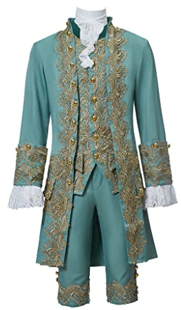 Men's 18th Century Rococo Costume 1700s Baroque Frock Coat Waistcoat Pants Set Halloween Prince Outfit, Green, Large