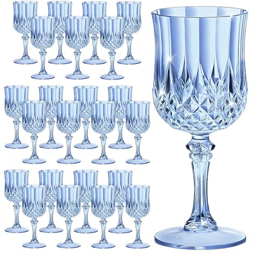 HTTBEIZI 7OZ Plastic Wine Glasses, Reusable Vintage Goblets Unbreakable Drinking Glasses Crystal Water Cups Champagne for Wedding, Parties, Mother's Day (24, Blue)