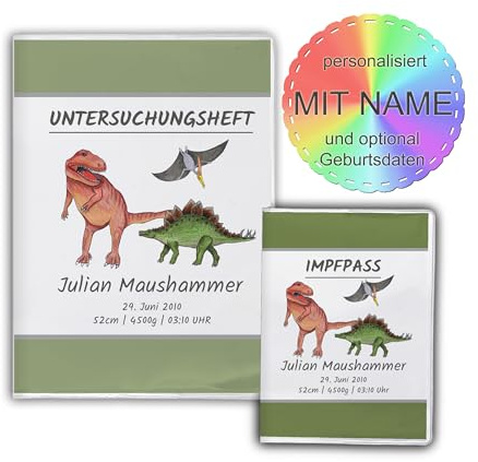 Personalisierte U-Heft Hülle & Impfpasshülle Set, 2-Teilig, Dino | 3-teilig verfügbar, mit Name, mit Geburtsdaten, Geschenk zur Geburt