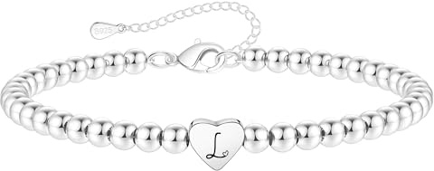 Crownette S925 Silver Bead Bracelet for Women Adjustable Heart Initial Letter Bracelet Birthday Jewellery Gift (L)