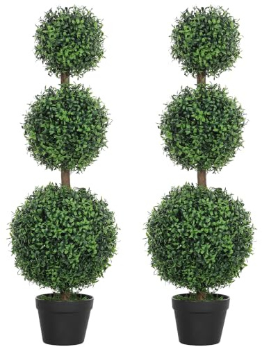 HOMCOM Lot de 2 Arbres Artificiels 101,6 cm 3 Boules de Buis Topiaires Vert | Plantes Artificielles PE, Fausse Plante, Pot en Plastique Rempli de Ciment, Décoration Intérieure et Extérieure