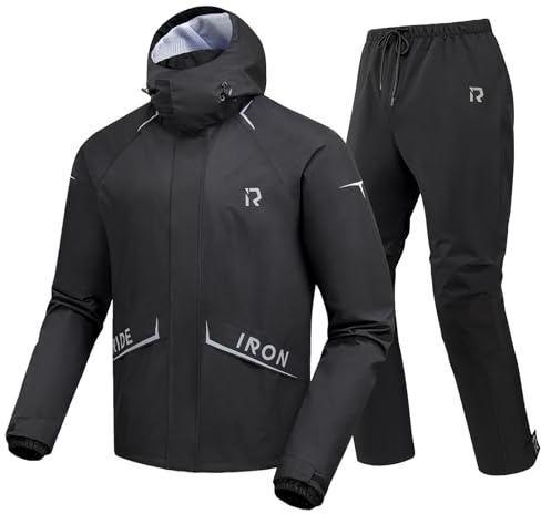 RIDEIRON Traje Impermeable Moto Hombre Chaqueta 15000 mm con Capucha Desmontable y Bandas Reflectantes Negro L