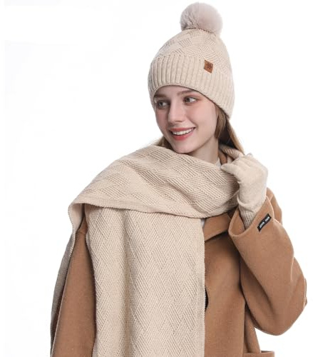MAZELIKEHOOD Juego de bufanda, sombrero, guantes de mujer, de invierno, cálido, gorro de Bobble con bufanda de punto y guantes, tejido suave y cómodo, accesorios de moda de invierno, ideal para regalo