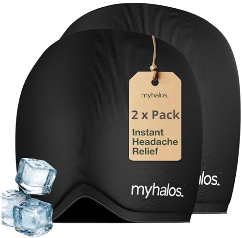 MyHalos® Migraine Relief Cap - Wearable Ice Pack Cold Wrap Hat -Reusable Cold Therapy Headache Cap & Migraine Cap, for Tension Headache Relief & Sinus Pressure - Head Compress (Black (2-Pack))