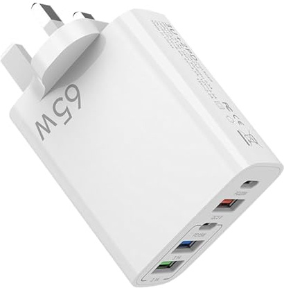 65W USB C Charger Plug, 5-Port UK Wall Charger with 2 Type-C and 3 USB-A Ports, 20W PD Fast Charging Adapter for Phone, Pad and Tablets
