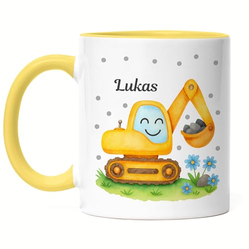 Kiddle-Design Bagger Tasse Kinder Personalisiert mit Name - Kinderbecher für Kindergarten, Kita - Kindertasse mit Baustelle und Fahrzeuge als Trinkbecher, Zahnputzbecher - Tasse Gelb