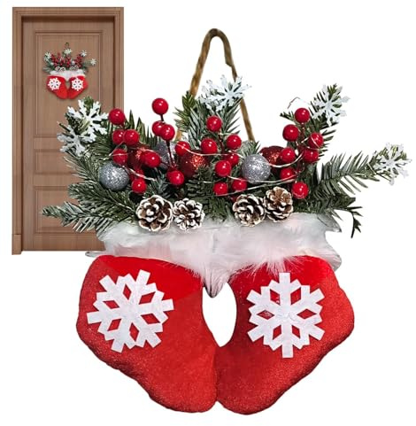 Fangssiy Corona Natalizia per Porta | Ghirlanda Decorativa con Guanti e Luci LED | Addobbo Natalizio per Casa con Bacche Rosse Pigne e | per Finestra Patio Matrimonio e Feste
