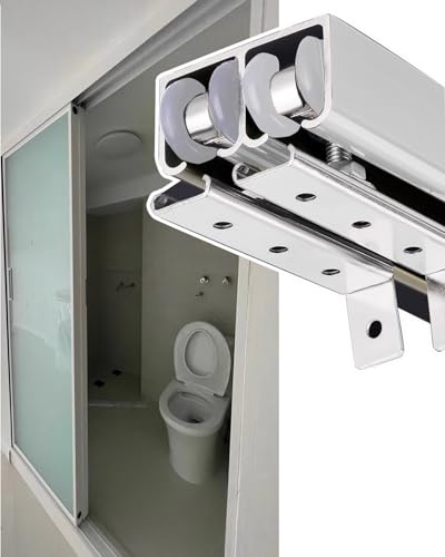 Kit binario per porta scorrevole da 2,6 m, regolabile, in argento, per porte e armadi a due ante e armadietti. Opzioni da 4/5/6/8/3 piedi con sistema a rulli lisci