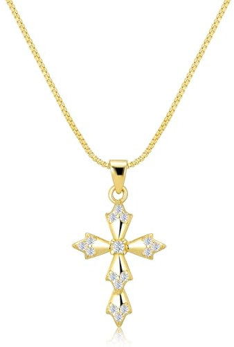 ALEXCRAFT Korskedja 14k förgylld dam med zirkon, glänsande silverhalsband med kors hänge, justerbar, modesmycke damer presenter, Mässing, Kubisk zirkonia