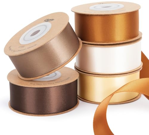 Keypan Satinband Braun Geschenkband & Schleifenband 25mm x 45,7m | Breites Vintage-Set für Herbst Basteln, Landhausstil, Deko, Geschenkverpackung, 5 Rollen à 9,14m