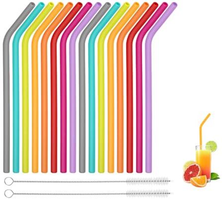 Shirene Pajitas Silicona,16 Piezas Pajitas de Silicona Reutilizables con 2 Cepillos Limpiadores Pajita Coloridas,Flexibles y sin BPA para Niños y Adultos Fiestas y Bebidas