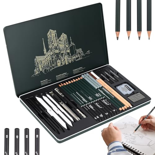 27 Pezzi Kit Disegno Professionale, Set Matite da Disegno Professionali, Sfumino per Disegnos, (2H - 8B) Matite a Carboncino da Disegnos per Ombreggiature e Schizzi Professionali