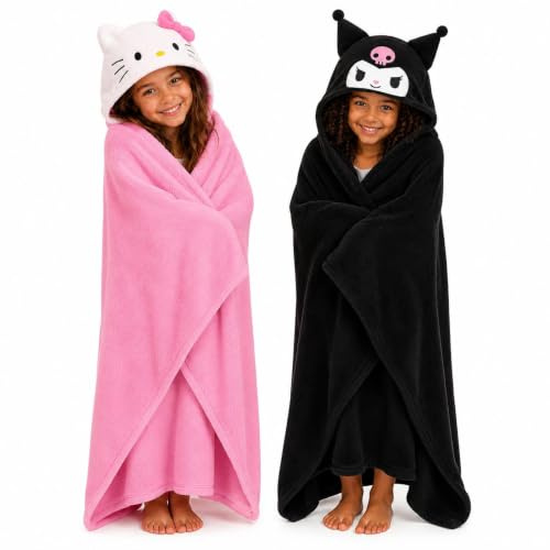 Hello Kitty Kuromi Hooded Wrap Blanket - Black/Pink Fleece Blanket with Novelty 3D Hood & Pompom - Cosy Wearable Throw - Size 120x150cm (Pink, 120 x 150cm)