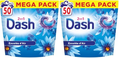 Dash 2en1 PODS Envolée d'Air, 50 Lavages, Lessive Capsules 3-en-1, 3 Semaines de Fraîcheur avec Lenor, Parfum Brise Marine et Fleurs Fraîches, Efficace en Cycle Froid, Fabriquée en France (Lot de 2)