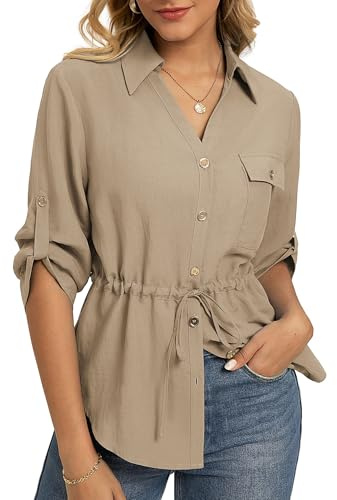 GRACE KARIN Women's Summer 3/4 Sleeve Blouses Casual V Neck Linen Lyocell Tops Lightweight Button Down Office Going Out Shirts Khaki L